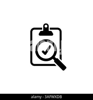 Tablet- und Lupensymbol mit farbigem Häkchen auf weißem Hintergrund, Überprüfung der Dokumentation oder eines abgeschlossenen Plans Stock Vektor