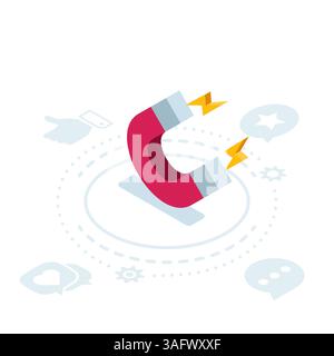 Isometrisches Magnetsymbol in Farbe auf weißem Hintergrund, Anziehungskraft oder Anziehungskraft und Kommentare Stock Vektor