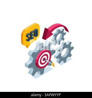 Isometrische Zahnräder mit Ziel und Pfeil in Farbe auf weißem Hintergrund, Textblase mit Wort seo, Webwerbung Stock Vektor