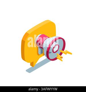 Isometrisches Lautsprechersymbol und farbige Textblase auf weißem Hintergrund, Alarm- oder Anzeigennachricht Stock Vektor