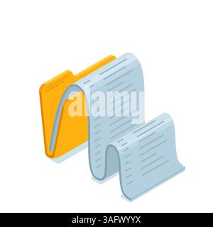 Isometrischer Ordner und ein Blatt Papier in Form einer Welle in Farbe auf weißem Hintergrund, Dokumentsymbol oder Arbeit mit Dokumentation Stock Vektor