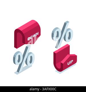 Isometrisches Prozentsymbol und farbige Aufwärts- und Abwärtspfeile auf weißem Hintergrund, wobei der Prozentsatz erhöht oder verringert wird Stock Vektor