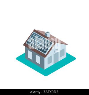 Isometrisches Haussymbol mit Solarpanel in Farbe auf weißem Hintergrund, grüner Energie oder sauberer Solarstrom Stock Vektor