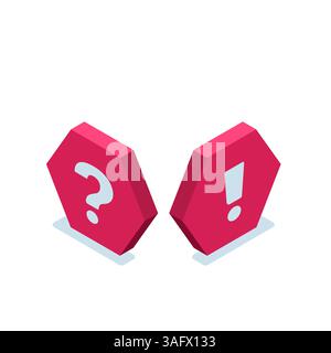 Isometrisches Sechsecksymbol mit Ausrufesymbol und farbiger Frage auf weißem Hintergrund, wichtige Nachricht oder Warnung Stock Vektor