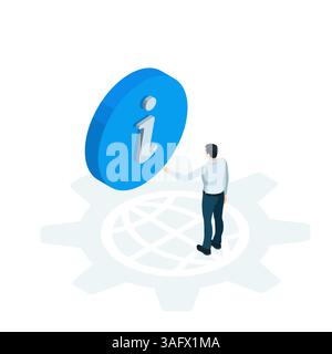 Isometrischer Mann und Informationssymbol in Farbe auf weißem Hintergrund, Hilfe-Service Internet oder faq Stock Vektor