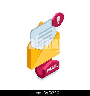 Isometrisches Symbol für geöffnete Umschläge mit einem Pfeil und einem Ausrufesymbol in Farbe auf weißem Hintergrund, Lesen Sie Buchstaben- oder Textdokumente Stock Vektor