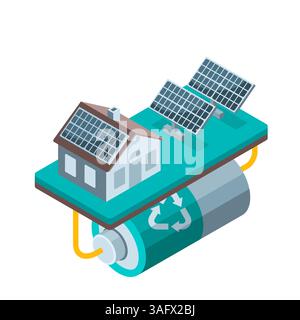 Isometrisches Haus mit Solarzellen und einer Batterie in Farbe auf weißem Hintergrund, grüne Energie und saubere Energie Stock Vektor