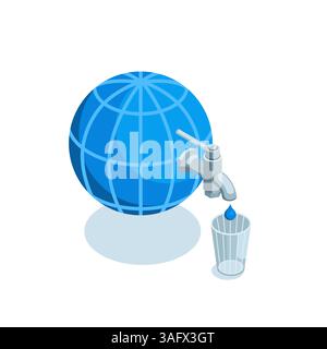 Isometrische Kugel und Wasserhahn mit einem Tropfen Wasser, das in ein Glas in Farbe auf weißem Hintergrund fließt, Wasserplanet oder Wasserfall, Mangel an Trinken Stock Vektor