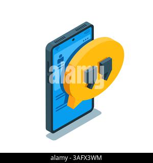 Symbol für isometrische Textblase mit Anführungszeichen auf dem Bildschirm eines Smartphones in Farbe auf weißem Hintergrund, Zitat oder Textnachricht Stock Vektor