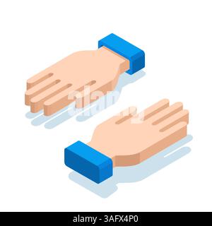 Isometrische Handflächen, die in verschiedene Richtungen in Farbe auf weißem Hintergrund gerichtet sind, Designelement, Bitten oder Handgeben Stock Vektor