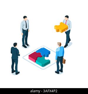 Der isometrische Mann trägt ein Puzzleteil in Farbe auf weißem Hintergrund, arbeitet an einem einzelnen Projekt zusammen oder erreicht ein gemeinsames Ziel Stock Vektor