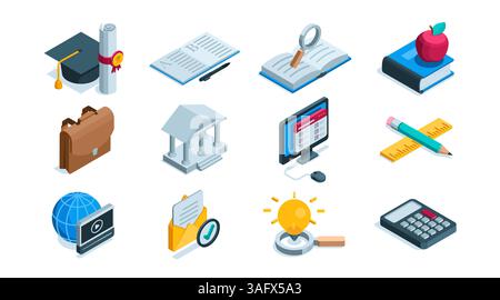 Isometrischer Satz von Ikonen zum Thema Bildung und Studium in Farbe auf weißem Hintergrund, eine Bachelormütze mit Diplom und Bücher mit einem Computer A Stock Vektor