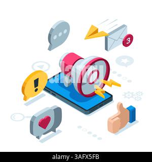Isometrischer Lautsprecher und Smartphone in Farbe auf weißem Hintergrund, Symbole für Social-Media-Aktivitäten oder Social-Marketing Stock Vektor