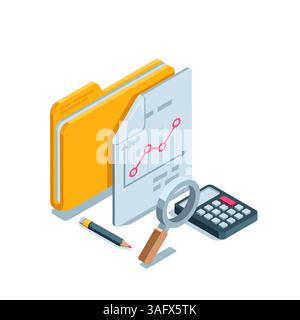 Isometrischer Ordner und Dokument mit einem Diagramm neben einer Lupe und einem Taschenrechner in Farbe auf weißem Hintergrund, das mit statistischer Finanzverwaltung arbeitet Stock Vektor