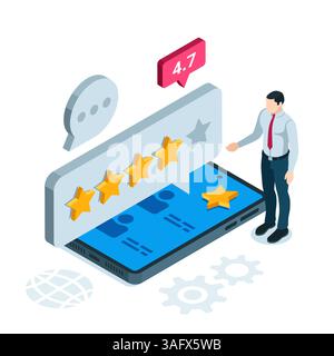 Isometrischer Mann in der Nähe des Smartphones und Textblase mit farbigen Sternen auf weißem Hintergrund, wodurch Bewertung oder Popularität festgelegt werden Stock Vektor