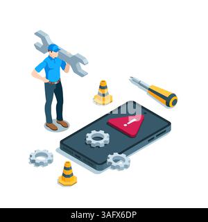 Isometrischer Mann mit einem Schraubenschlüssel in der Nähe eines nicht funktionierenden Smartphones in Farbe auf weißem Hintergrund, Smartphone-Servicemitarbeiter oder Gerätewartung Stock Vektor