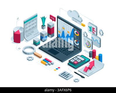 Isometrischer Laptop mit einer Reihe von Diagrammen und farbigen Diagrammen auf weißem Hintergrund, ein Konzept zum Thema Sammeln und Verarbeiten von Finanzstatisten Stock Vektor