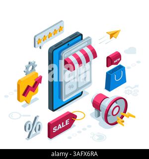Isometrisches Smartphone mit farbigem Online-Shop-Fenster auf weißem Hintergrund, einem Lautsprecher, der einen Verkauf ankündigt, und einer Reihe von Symbolen zum Thema Shopp Stock Vektor