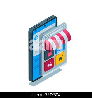 Isometrischer Online-Shop auf einem Smartphone-Bildschirm in Farbe auf weißem Hintergrund, das Fenster der App für Online-Einkäufe über ein Smartphone Stock Vektor