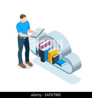 Isometrischer Mann liest ein Buch in der Nähe einer großen Wolke mit farbigen Büchern auf weißem Hintergrund, Online-Bibliothek oder Cloud-Datenspeicherung Stock Vektor