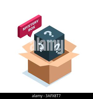 Isometrisches offenes Feld und Feld mit farbigen Fragezeichen auf weißem Hintergrund, Textblase mit Beschriftung Mystery Box Stock Vektor