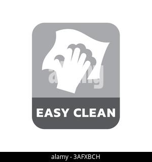 Leicht zu reinigendes Materialetikett. Leicht zu reinigende Oberfläche mit Lappen und Handvektoraufkleber. Stock Vektor