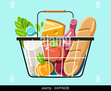 Voller Warenkorb gefüllt mit verschiedenen Lebensmitteln. Lebensmittelladen-Konzept, flaches Design-Cartoon Stock Vektor