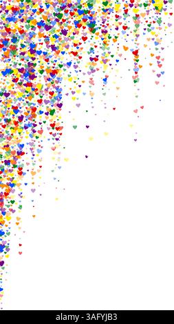 Fallende Herzen valentinskarte Vorlage. Regenbogenfarbene verstreute Herzen. LGBT-valentinskarte. Chaotisch fallende Herzen Vektor-Illustration. Stock Vektor