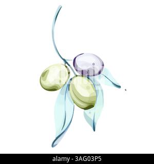 Illustration von Oliven und Olivenöl, die das Wesen der italienischen Küche und der Natur in Aquarelltechnik veranschaulicht Stock Vektor