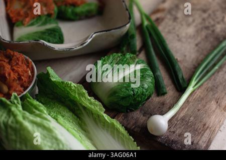 Ernährung und richtige Ernährung. Diät rollt Pekingkohl, eine ungewöhnliche runde Form Stockfoto