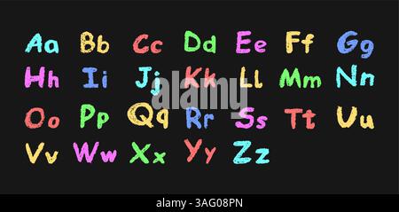 Buntes englisches Alphabet, handgezeichnet in einem Buntstift. Großbuchstaben und Kleinbuchstaben in Kreide, Pastellfarben oder Wachs. Textmarker-Effekt an Bord für Stock Vektor