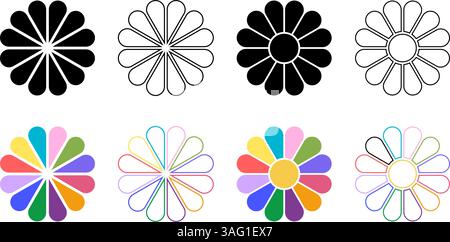 Gänseblümchen- oder Gerbera-Silhouetten. Blumendiagramme mit 12 Blütenblättern und Kern. Tortendiagramme mit Blumenmuster, die auf gleiche Segmente aufgeteilt sind, in Blattformen, die auf weißem Hintergrund isoliert sind. Vektorabbildung. Stock Vektor