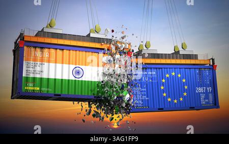 Frachtcontainer mit Flaggen Indiens und der Europäischen Union – 3D-Illustration Stockfoto