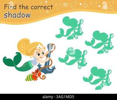 Finde das richtige Schattenspiel mit Meerjungfrau für Kinder Stock Vektor