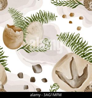 Nahtloses Muster mit Eiern. Fossilien und Pflanzen. Dinosaurier-Fußabdruck auf Stein. Die antike Ammoniitschale. Kleine Kieselsteine. Gebrochenes Ei. Aquarell Stockfoto