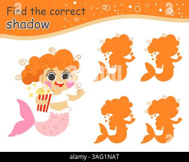 Niedliche Meerjungfrau finde das richtige Schattenspiel für Kinder Stock Vektor