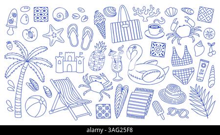 Sommerset in mediterranem Blau. Handgezeichnete Vintage-Doodle-Zeichnung. Sommerferien Kollektion. Dolce vita Zeichnungen für Karten, Aufkleber, Sommerverkauf Stock Vektor