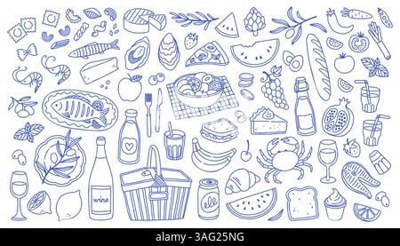 Sommerset in mediterranem Blau. Handgezeichnete Vintage-Doodle-Zeichnung. Familienessen, Picknick, Frühstück mit Wein, Pasta und Snacks. Dolce vita Tisch Stock Vektor