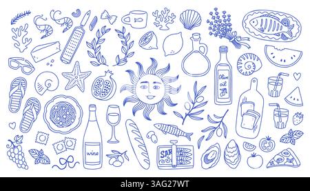 Sommerset in mediterranem Blau. Handgezeichnete Vintage-Doodle-Zeichnung. Familienessen, Picknick, Frühstück mit Wein, Pasta und Snacks. Dolce vita Tisch Stock Vektor