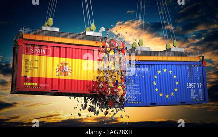 Frachtcontainer mit Flaggen Spaniens und der Europäischen Union - 3D-Illustration Stockfoto