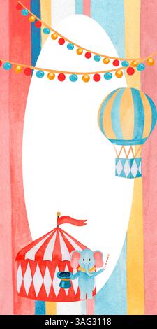 Zirkuszelt in Aquarellfarben mit roten und weißen Streifen, Ballon, Girlande und Illusionist für den Cartoon-Elefanten. Für Geburtstagsgrüße und Einladung Stockfoto
