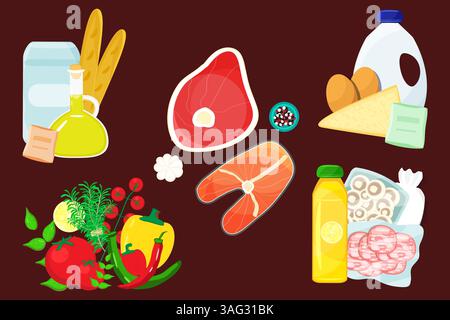 Gruppen von Lebensmitteln und Getränken Lebensmittel auf dem hölzernen Hintergrund, Fleisch und Fisch, Milchprodukte mit Eiern, Gemüse, Snacks und Bäckerei. Stock Vektor