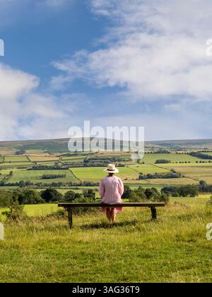 Rückansicht einer Frau in Sommerkleid und Strohhut, die auf einer Holzbank auf dem Schal in Leyburn sitzt und die Aussicht auf die Yorkshire Dales bewundert. UK Stockfoto
