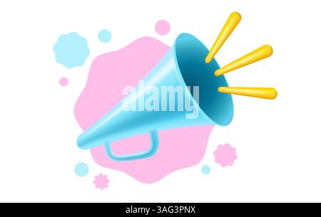 Vektor-blaues Megaphon im realistischen 3D-Stil. Vektorillustration eines Retro-Lautsprechers auf isoliertem Hintergrund. Stock Vektor