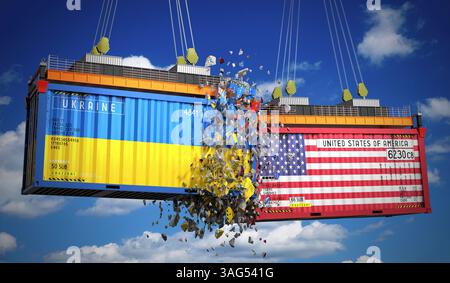 Frachtcontainer mit Flaggen der Ukraine und der USA – 3D-Illustration Stockfoto