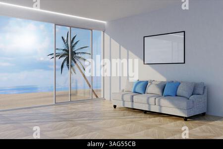 Stilvoller Sommer-Wohnbereich mit Blick auf den Strand und Tageslicht, 3D-Rendering-Illustration Stockfoto