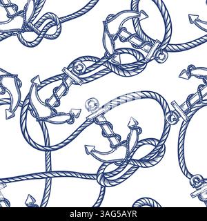 Nahtloses nautisches Vintage-Muster mit blauen Ankern und Knotenseil. Vektorgrafik von Hand gezeichnet. Hintergrund für die Seefahrt. Mode Textil PR Stock Vektor