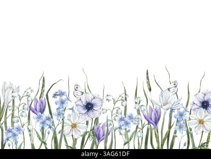 Lila und weiße Krokusse, Anemonen, blaue Vergissmeinnots, Maiglöckchen im Tal, grüne Grashalme, Schmetterlinge. Aquarellabbildung für Stockfoto