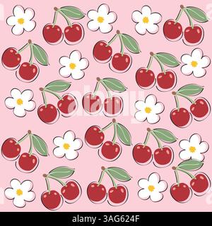Nahtloses Muster mit Kirschen und weißen Blumen auf rosa Hintergrund Stock Vektor
