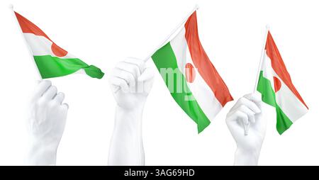 Hand hält die Flagge von Niger. Isoliertes 3D-Rendering Stockfoto